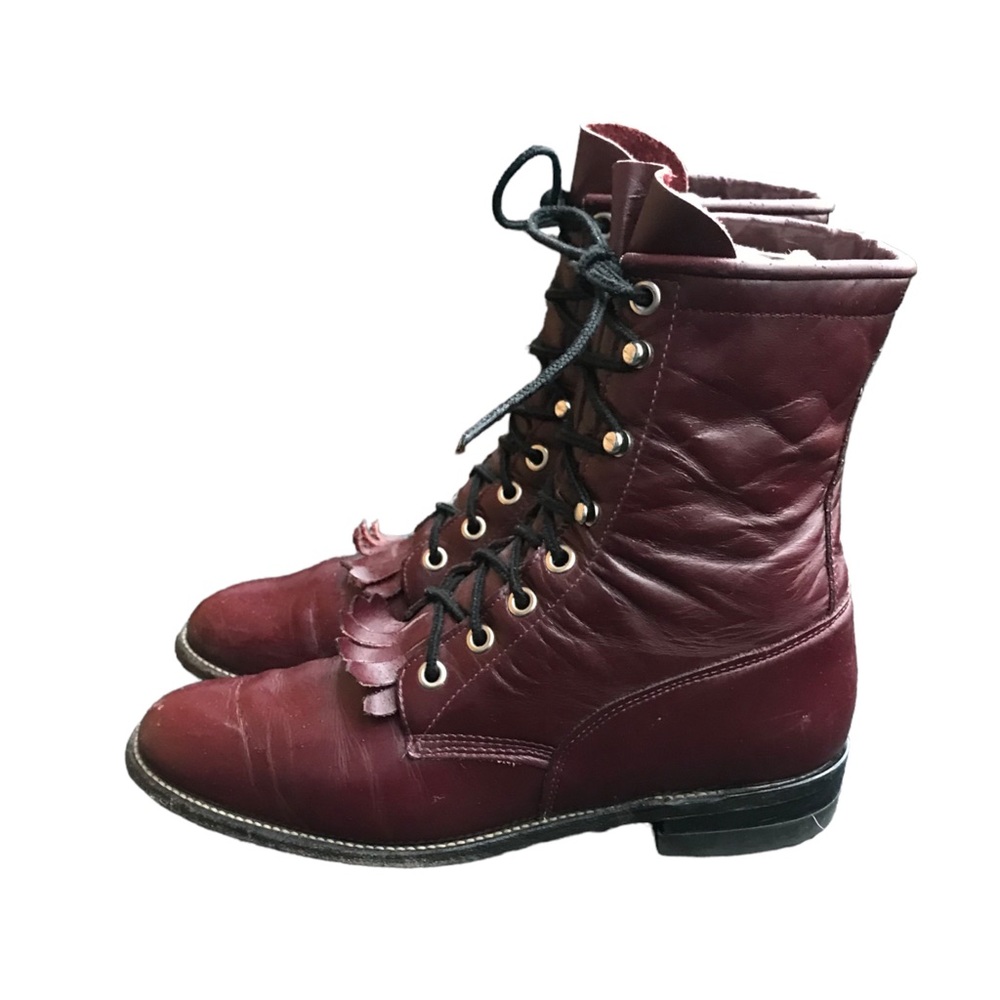 80s Vintage Burgundy Color US Women Size 7 Flat Lace Up Justin Boots-Roper boots